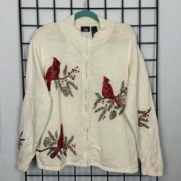 Vintage Ms Lee Cardigan Sweater Womens 2X Ivory Art to Wear Cottagecore Cardinal - Picture 1 of 12